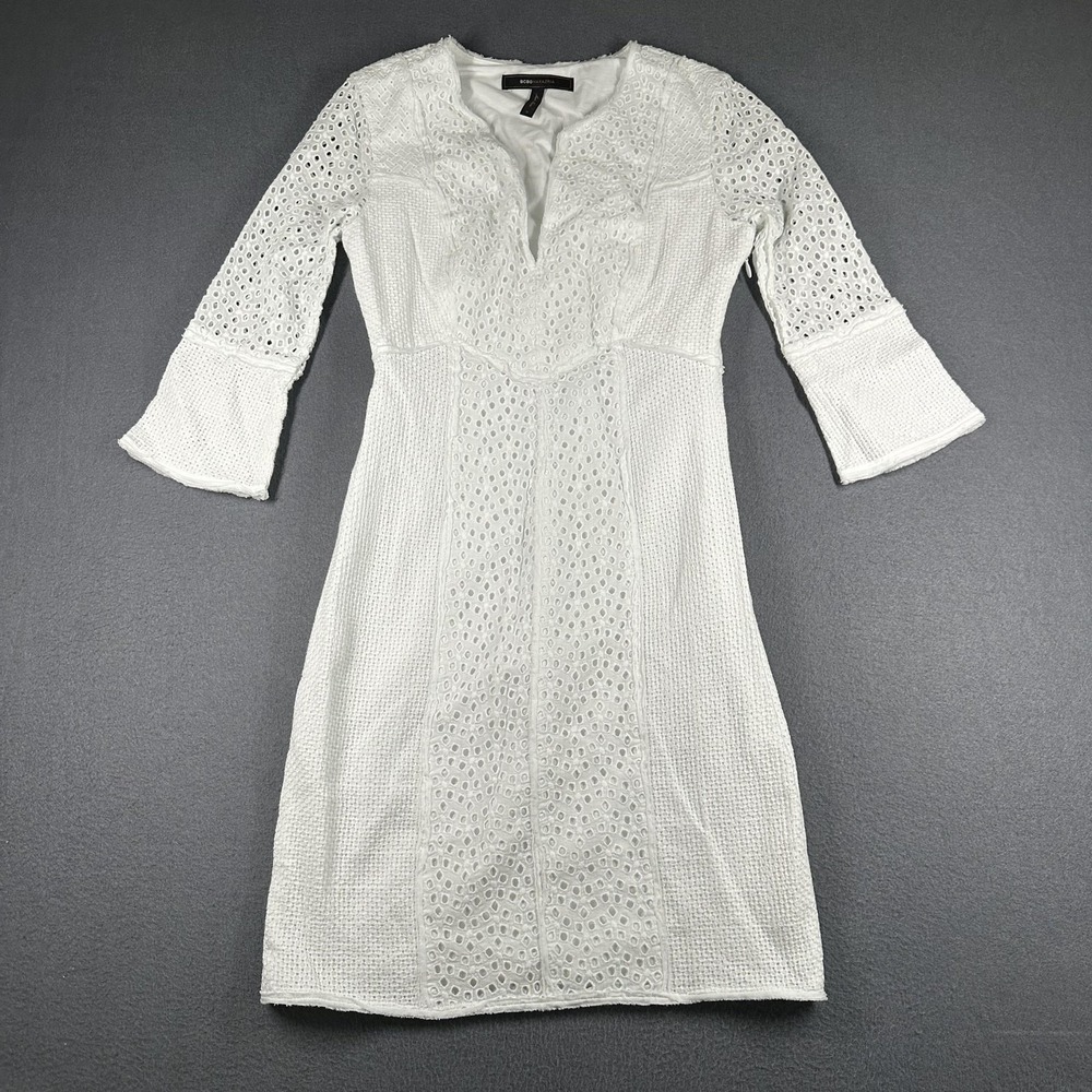 BCBGMAXAZRIA Darcy Dress Womens 0 White Lace Sheath 3/4 Bell Sleeve V Neck